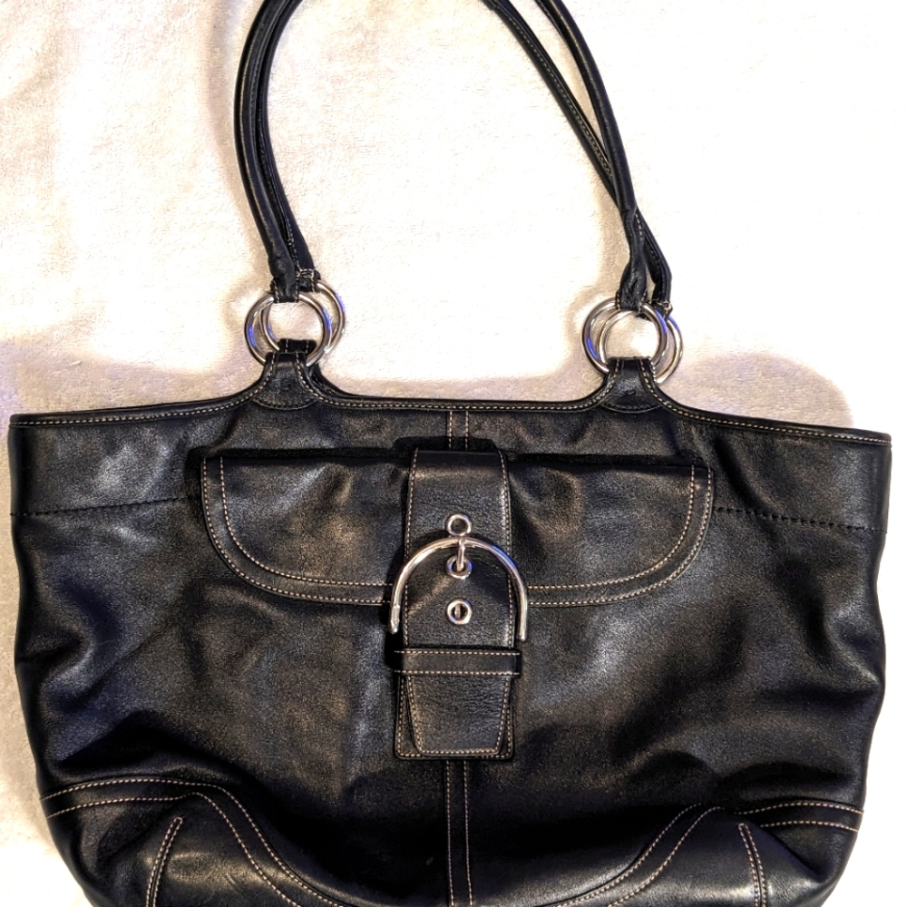 COACH Soho Large Black Smooth Leather Carryall Business Tote Shoulder Bag #5770